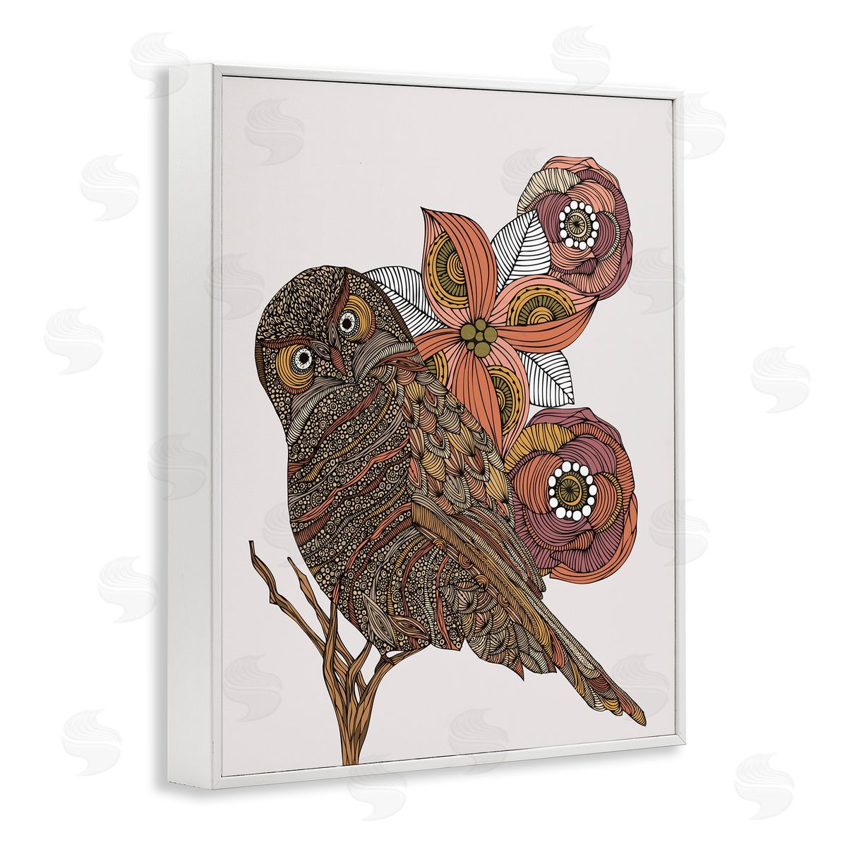 Valentina Harper Elaborate Patterned Owl Flower Blossom Stripes Detail White Framed Giclee Wall Art Print