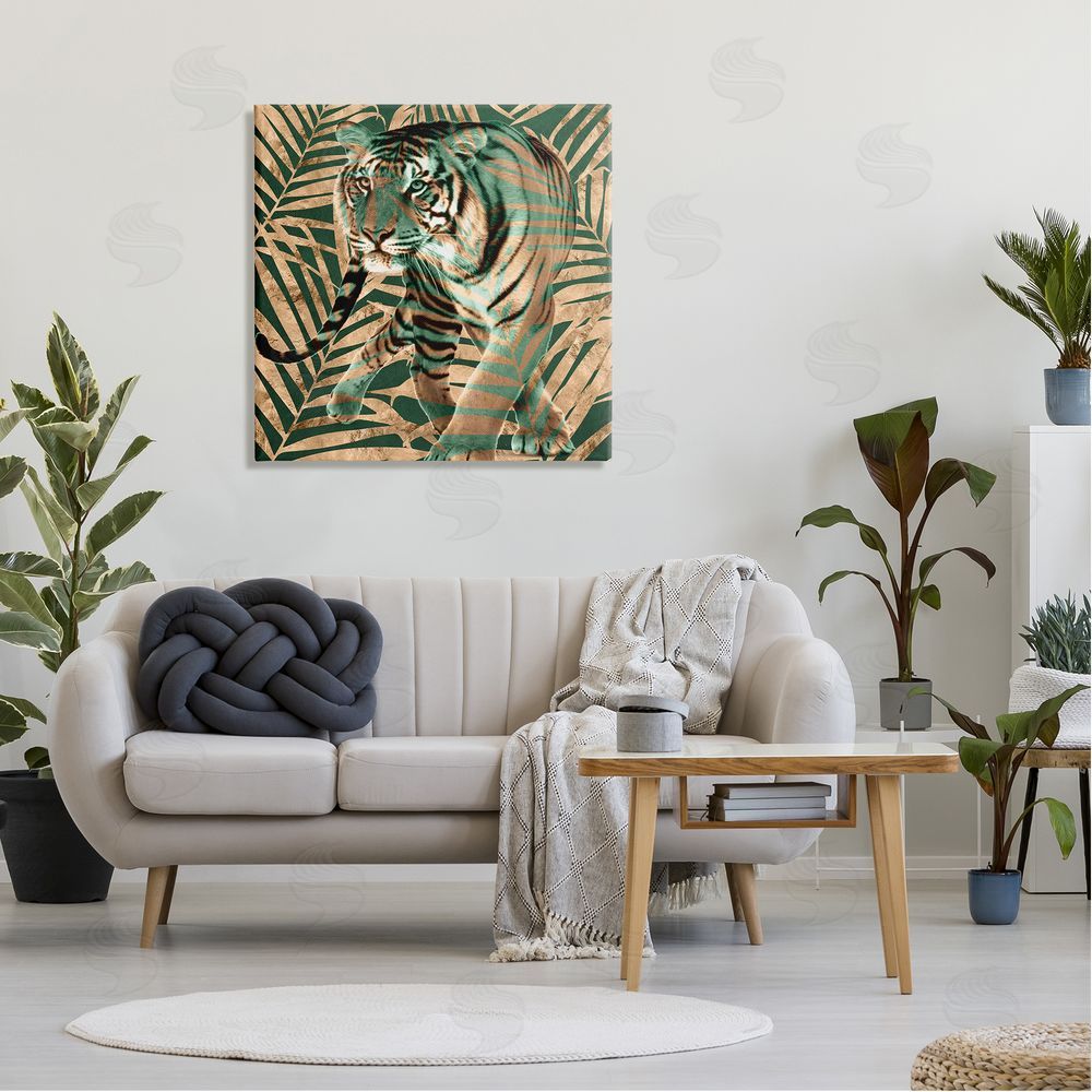 Yvonne Coleman Burney Fierce Tiger Layered Savanna Leaves Pattern Canvas Wall Art in Room