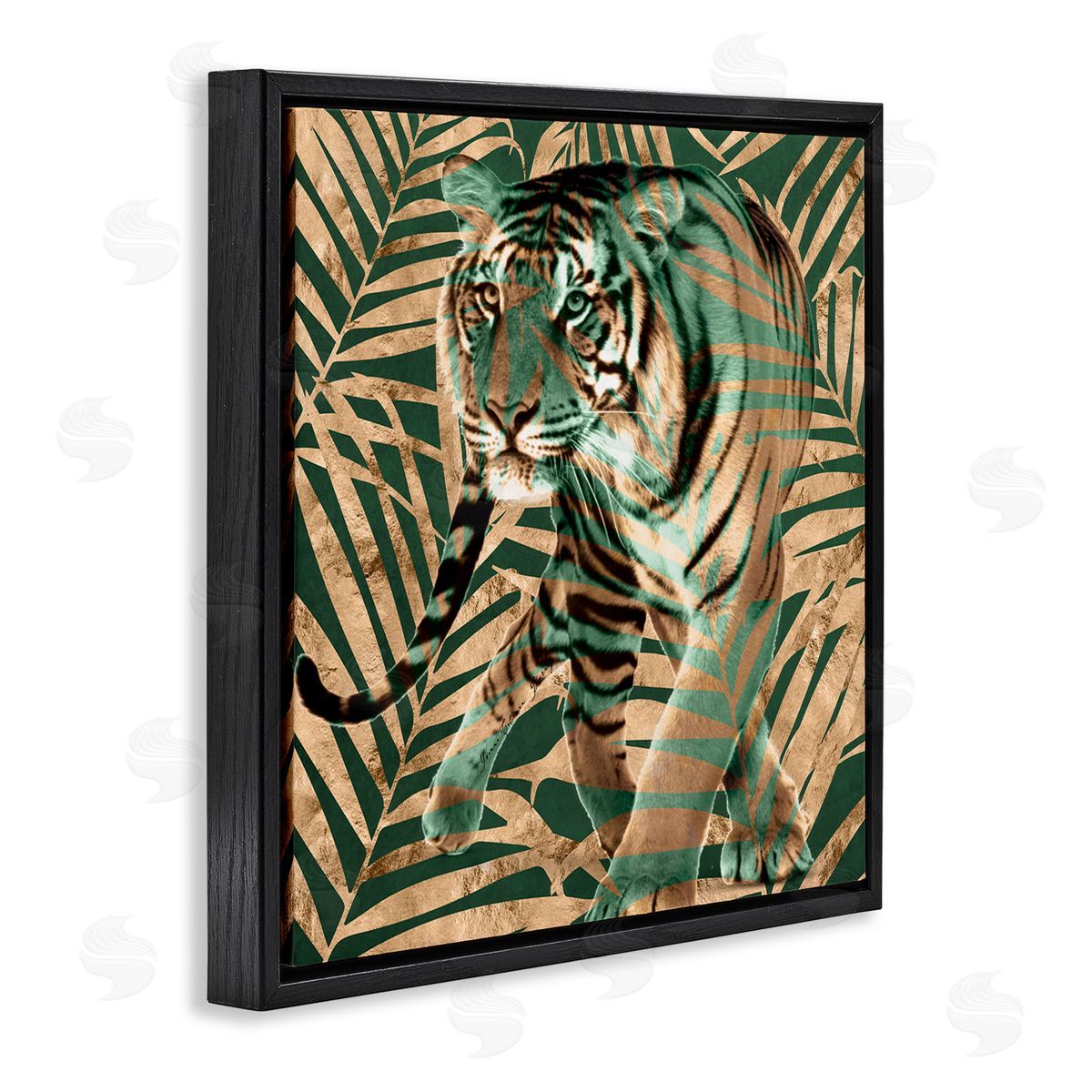 Yvonne Coleman Burney Fierce Tiger Layered Savanna Leaves Pattern Black Floating Frame Canvas Wall Art Print