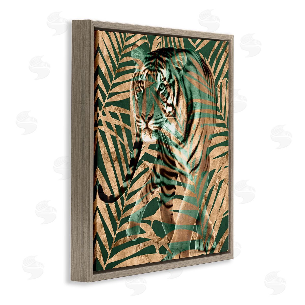 Yvonne Coleman Burney Fierce Tiger Layered Savanna Leaves Pattern Brown Floating Frame Canvas Wall Art Print