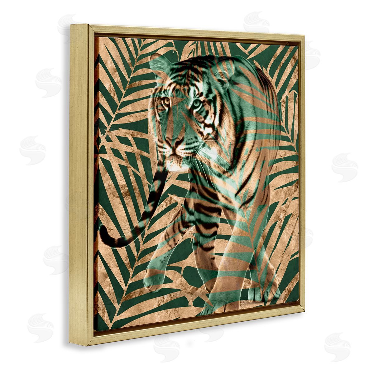 Yvonne Coleman Burney Fierce Tiger Layered Savanna Leaves Pattern Gold Floating Frame Canvas Wall Art Print