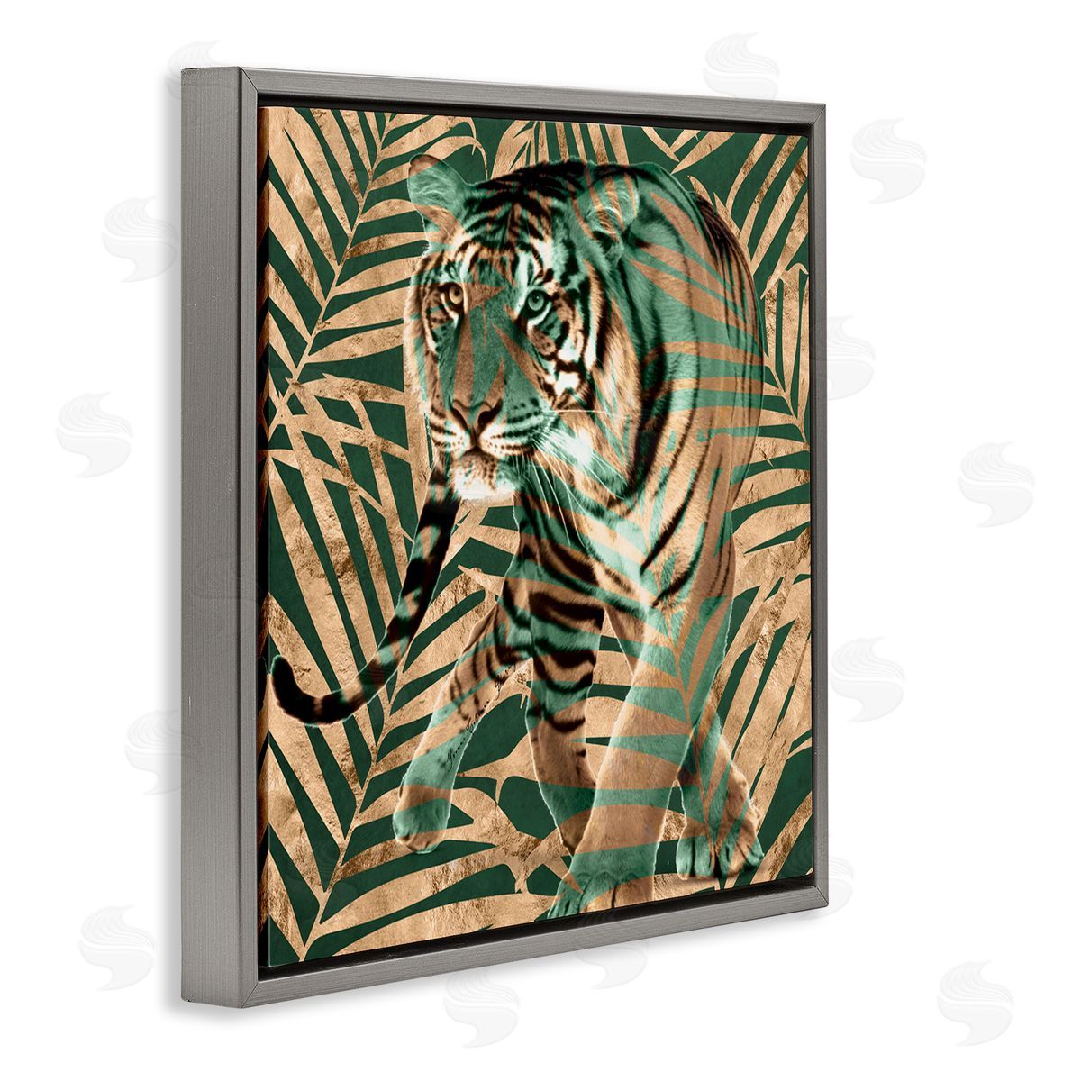 Yvonne Coleman Burney Fierce Tiger Layered Savanna Leaves Pattern Gray Floating Frame Canvas Wall Art Print