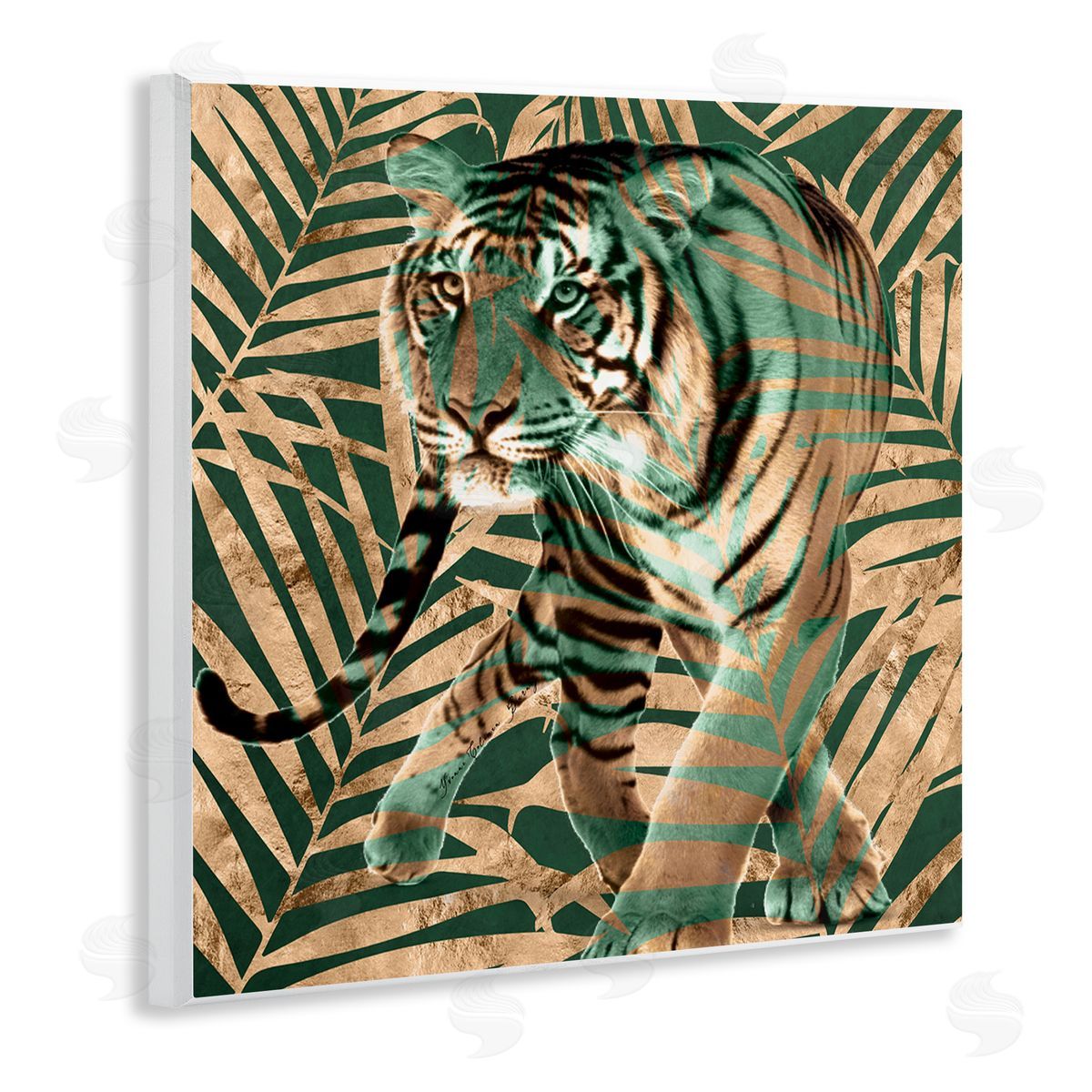 Yvonne Coleman Burney Fierce Tiger Layered Savanna Leaves Pattern Wooden Wall Plaque Art Print