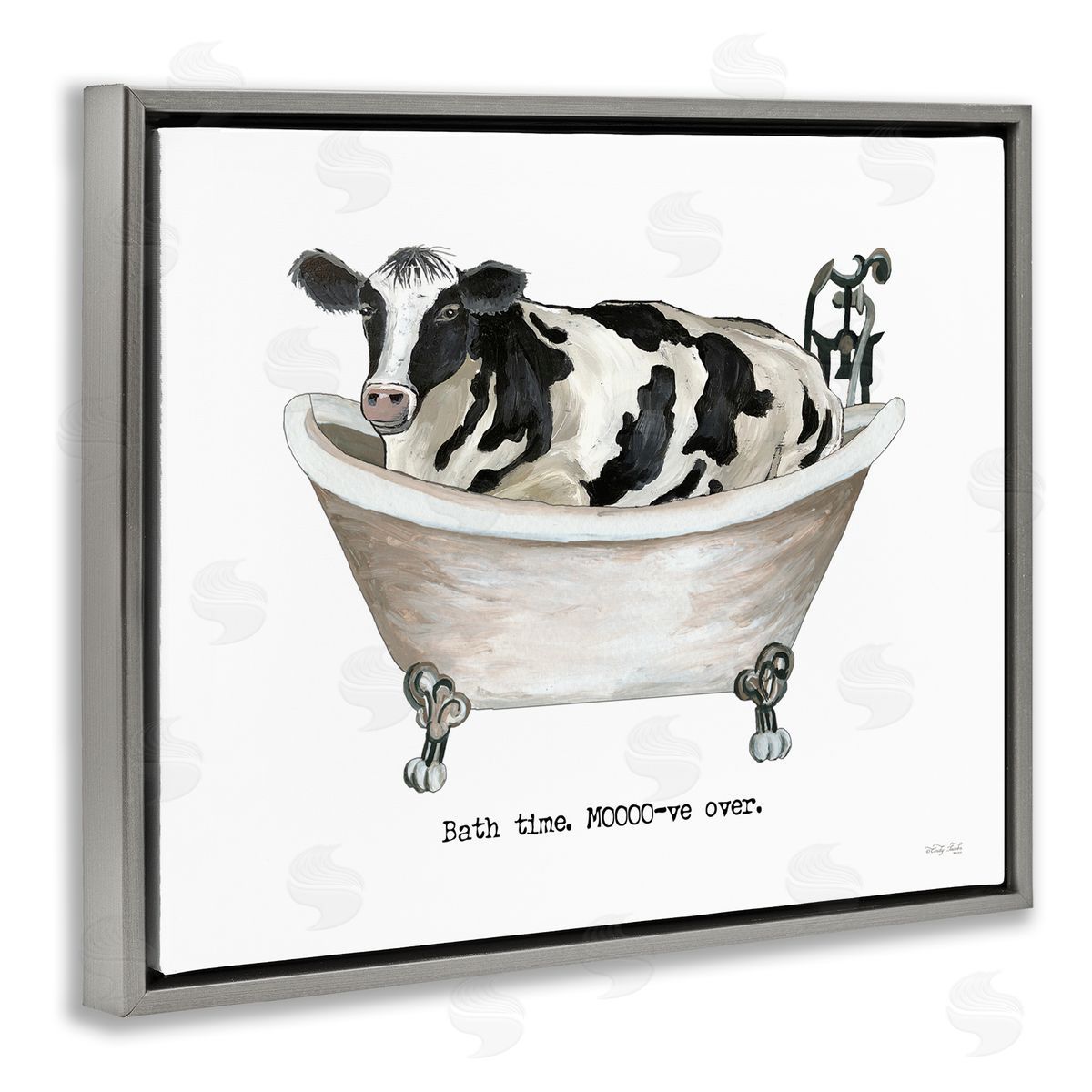 Cindy Jacobs Moo-ve Over Bath Time Cow Farmhouse Bathroom Sign Gray Floating Frame Canvas Wall Art Print