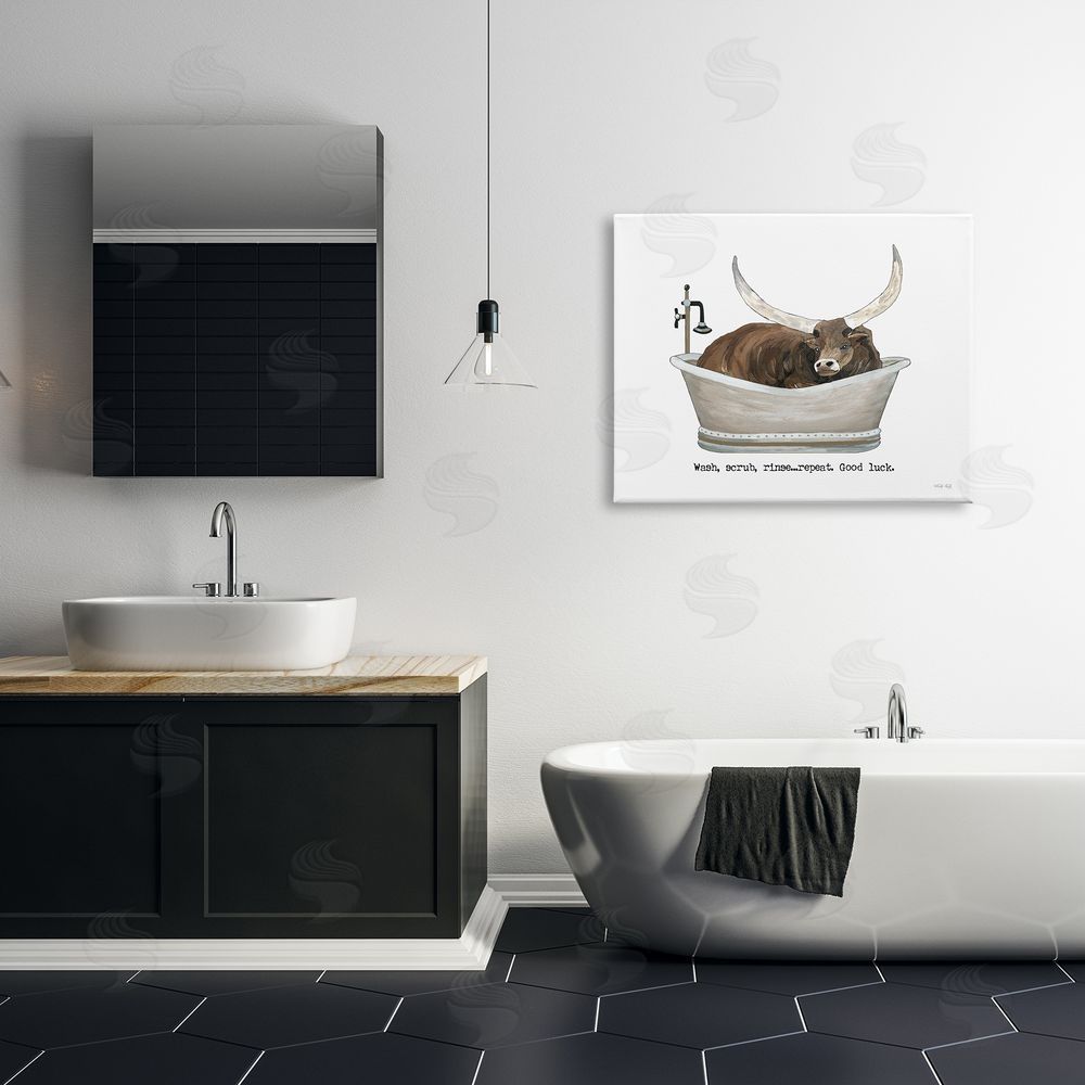 Cindy Jacobs Longhorn Cattle Bathtub Country Bathroom Typography Canvas Wall Art Print in Room
