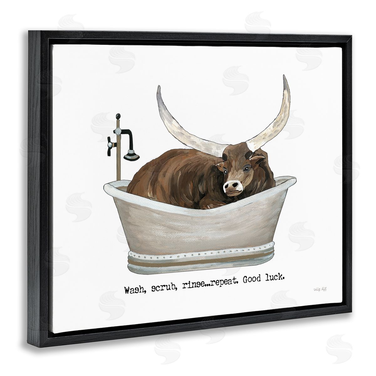 Cindy Jacobs Longhorn Cattle Bathtub Country Bathroom Typography Black Floating Frame Canvas Wall Art Print