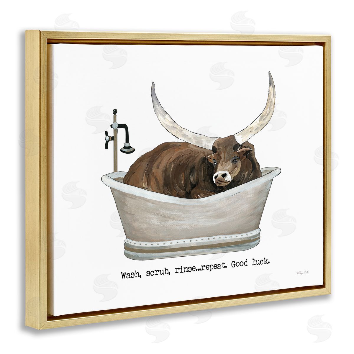 Cindy Jacobs Longhorn Cattle Bathtub Country Bathroom Typography Gold Floating Frame Canvas Wall Art Print