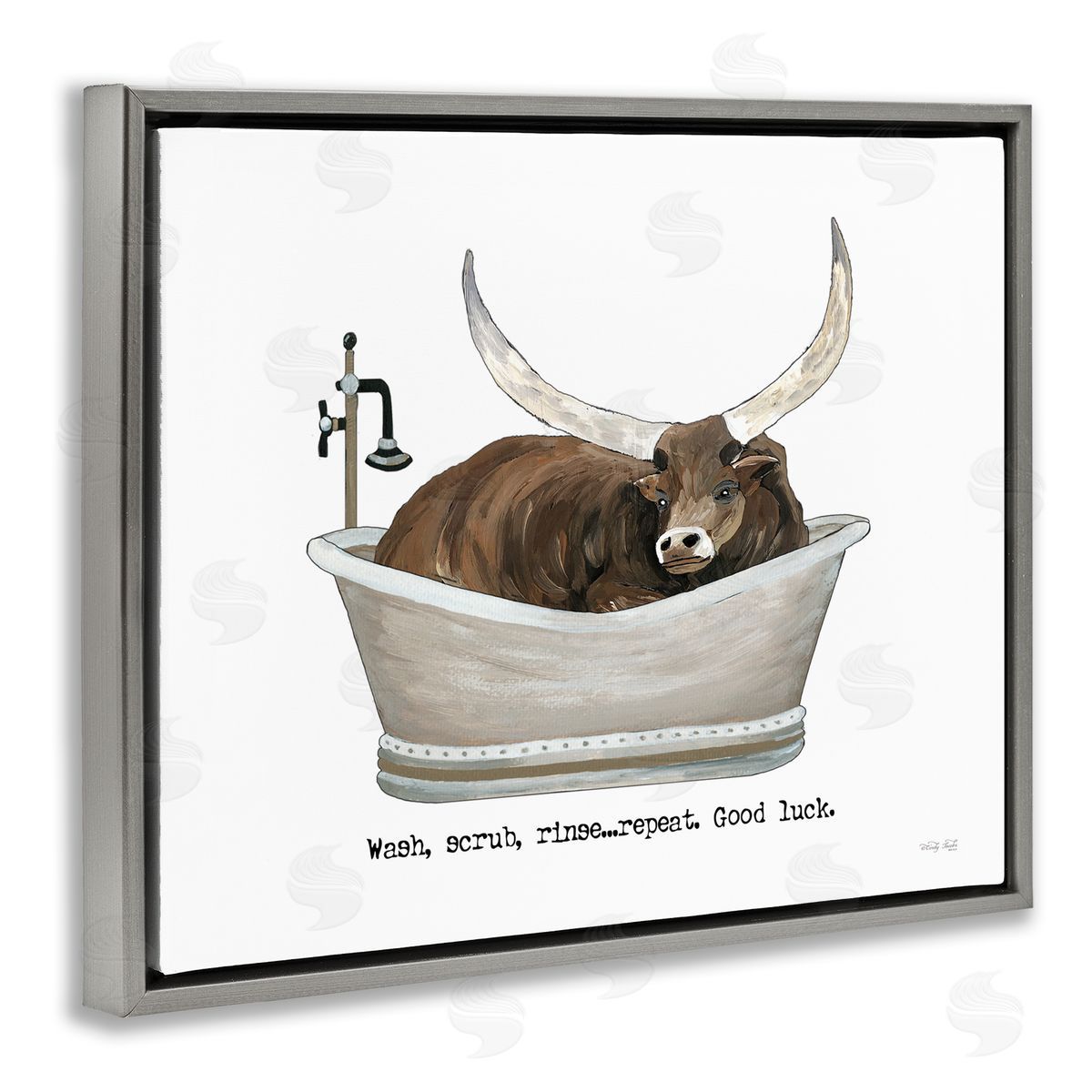 Cindy Jacobs Longhorn Cattle Bathtub Country Bathroom Typography Gray Floating Frame Canvas Wall Art Print