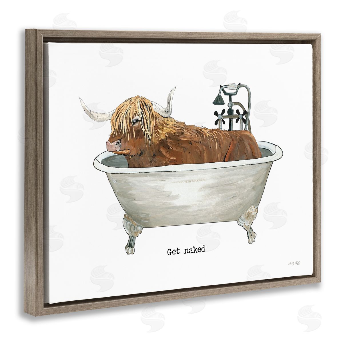 Cindy Jacobs Get Naked Humorous Highland Cattle Animal Sign Brown Floating Frame Canvas Wall Art Print