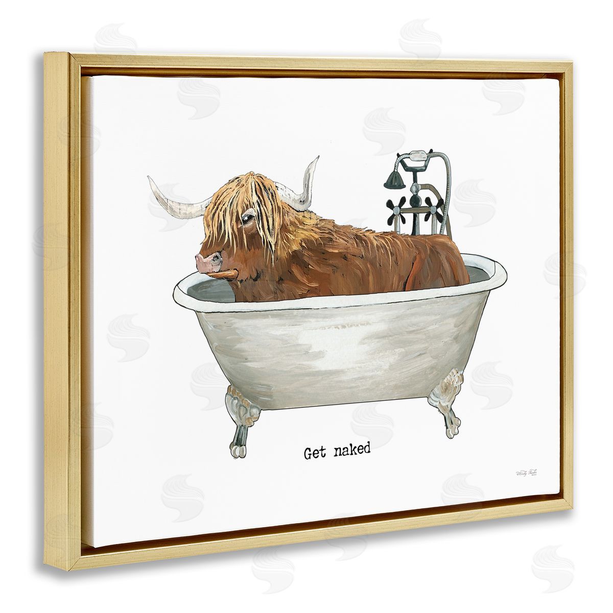 Cindy Jacobs Get Naked Humorous Highland Cattle Animal Sign Gold Floating Frame Canvas Wall Art Print
