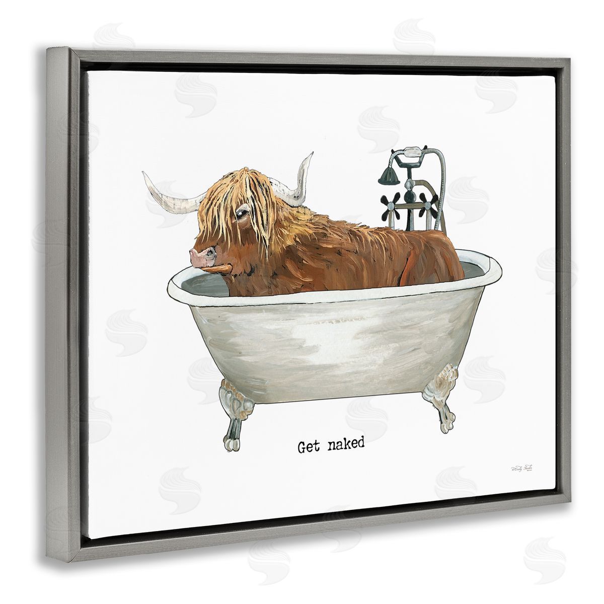 Cindy Jacobs Get Naked Humorous Highland Cattle Animal Sign Gray Floating Frame Canvas Wall Art Print