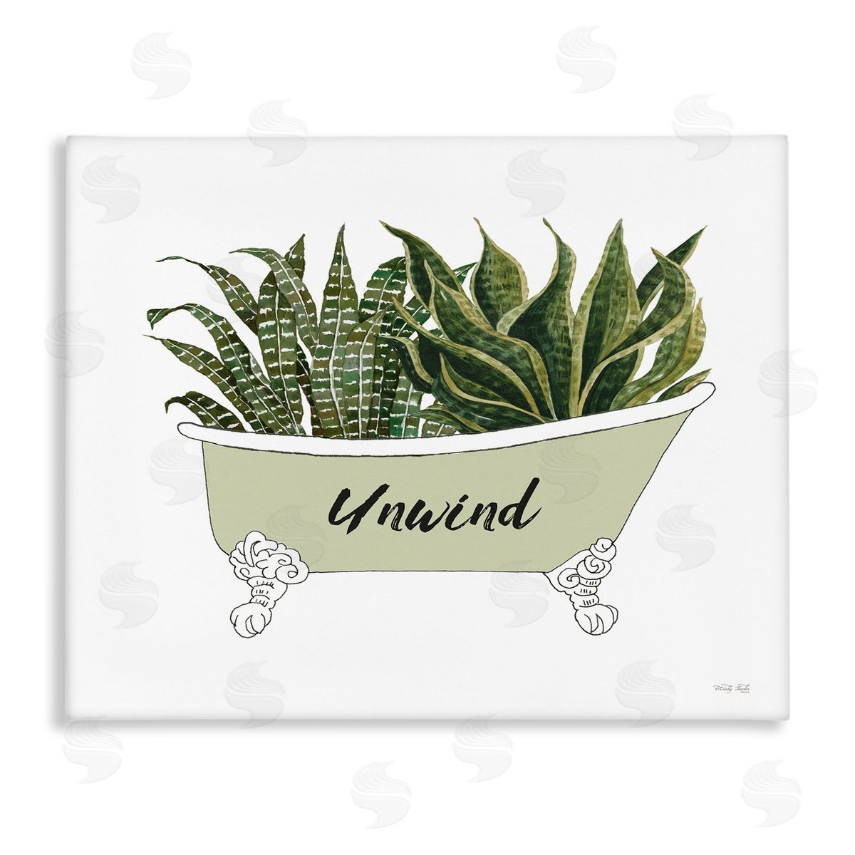 Cindy Jacobs Snake Plant in Tub Unwind Bath Typography Stretched Canvas Wall Art Print