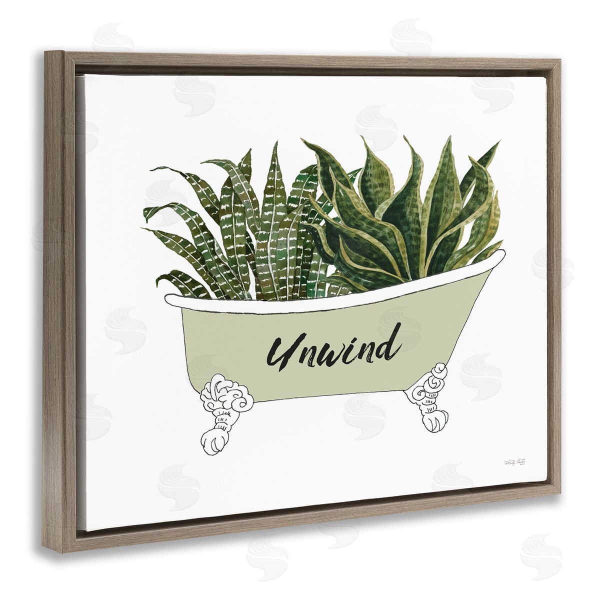 Cindy Jacobs Snake Plant in Tub Unwind Bath Typography Brown Floating Frame Canvas Wall Art Print