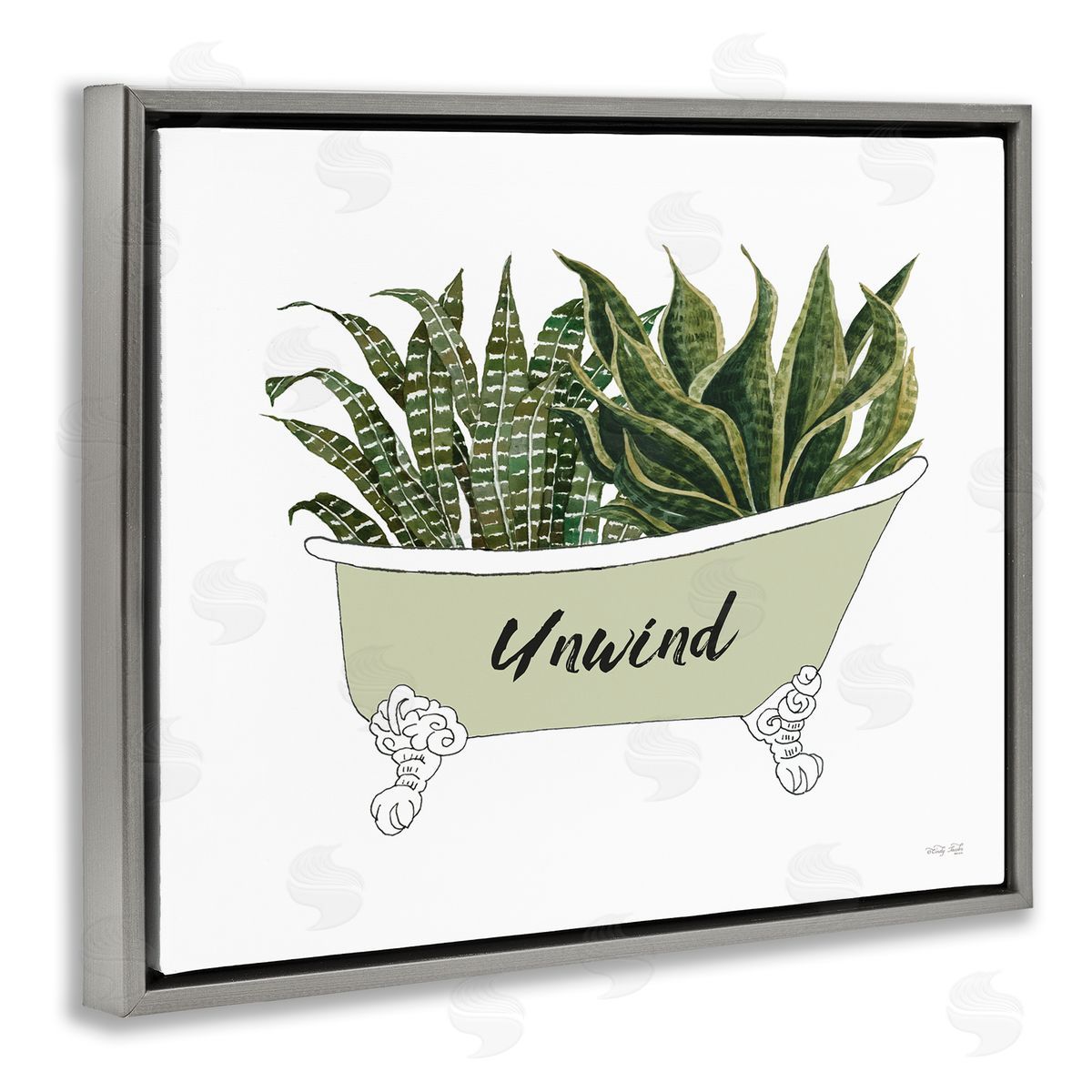 Cindy Jacobs Snake Plant in Tub Unwind Bath Typography Gray Floating Frame Canvas Wall Art Print