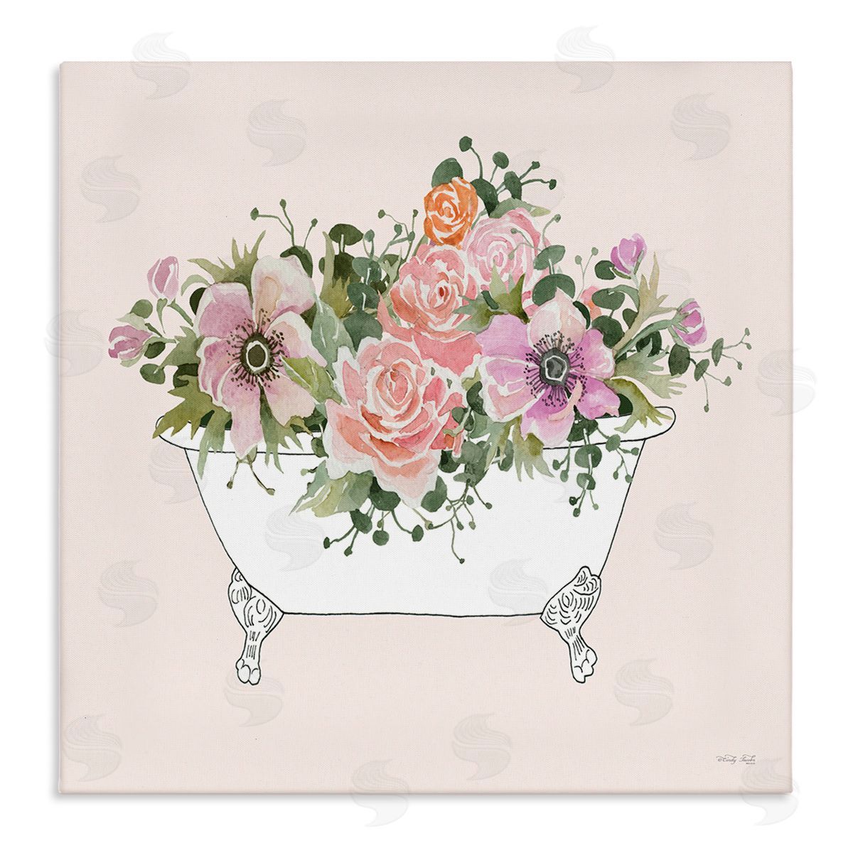 Cindy Jacobs Mixed Flower Arrangement Bathtub Planter Pink Blossoms Stretched Canvas Wall Art Print
