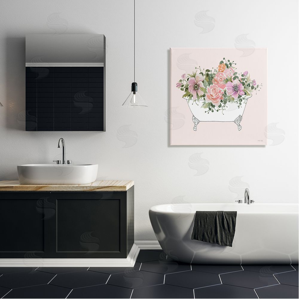 Cindy Jacobs Mixed Flower Arrangement Bathtub Planter Pink Blossoms Canvas Wall Art in Room