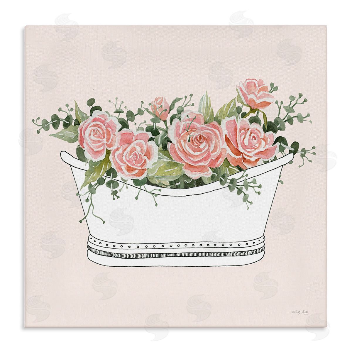 Cindy Jacobs Pink Rose Blossoms Casual Bathroom Bathtub Planter  Stretched Canvas Wall Art Print