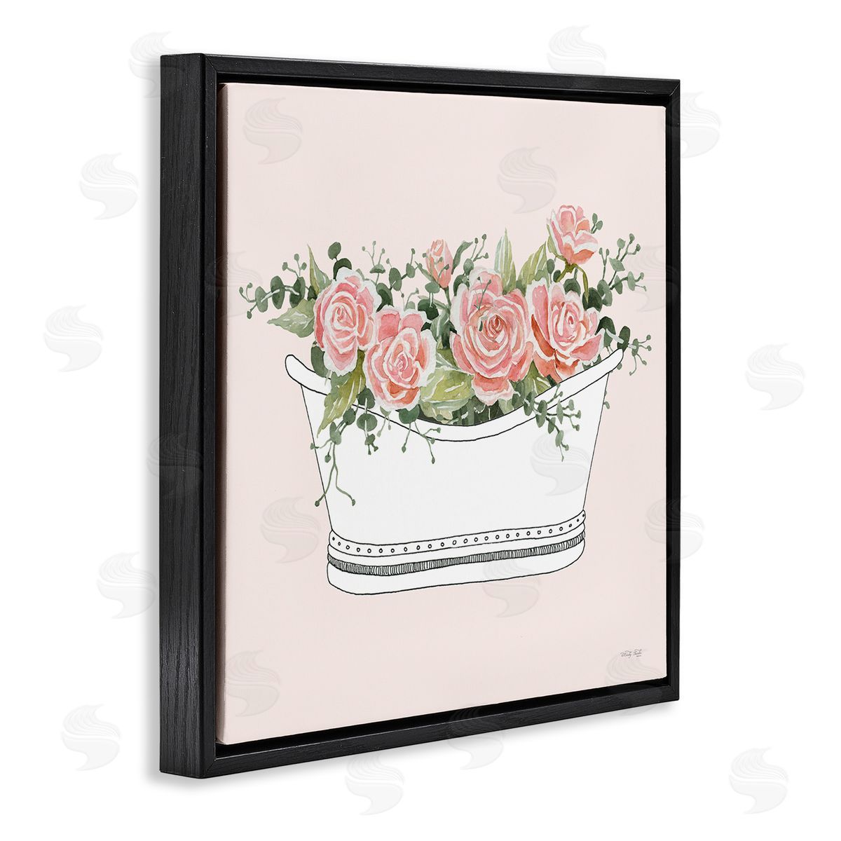 Cindy Jacobs Pink Rose Blossoms Casual Bathroom Bathtub Planter  Black Floating Frame Canvas Wall Art Print