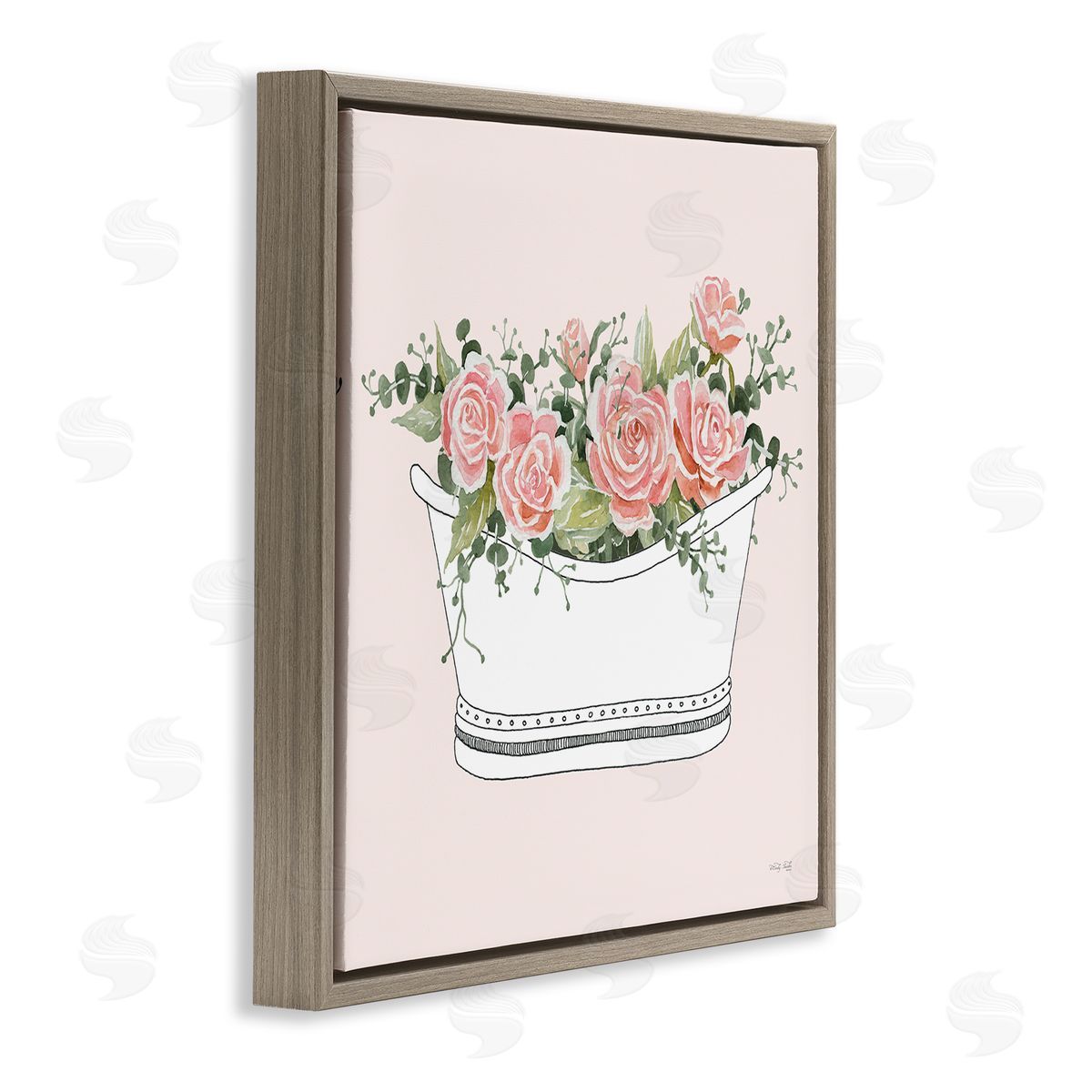 Cindy Jacobs Pink Rose Blossoms Casual Bathroom Bathtub Planter  Brown Floating Frame Canvas Wall Art Print