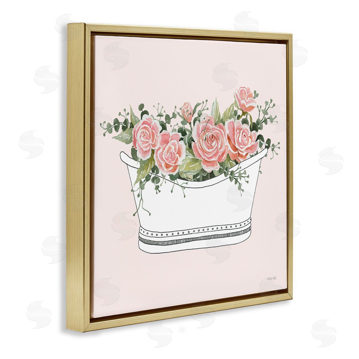 Cindy Jacobs Pink Rose Blossoms Casual Bathroom Bathtub Planter  Gold Floating Frame Canvas Wall Art Print