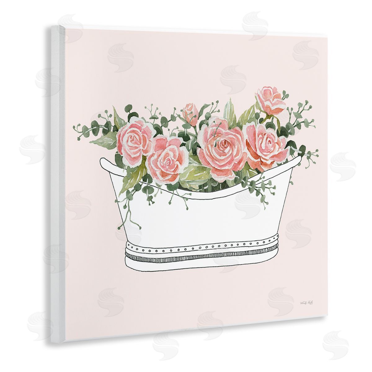 Cindy Jacobs Pink Rose Blossoms Casual Bathroom Bathtub Planter  Wooden Wall Plaque Art Print