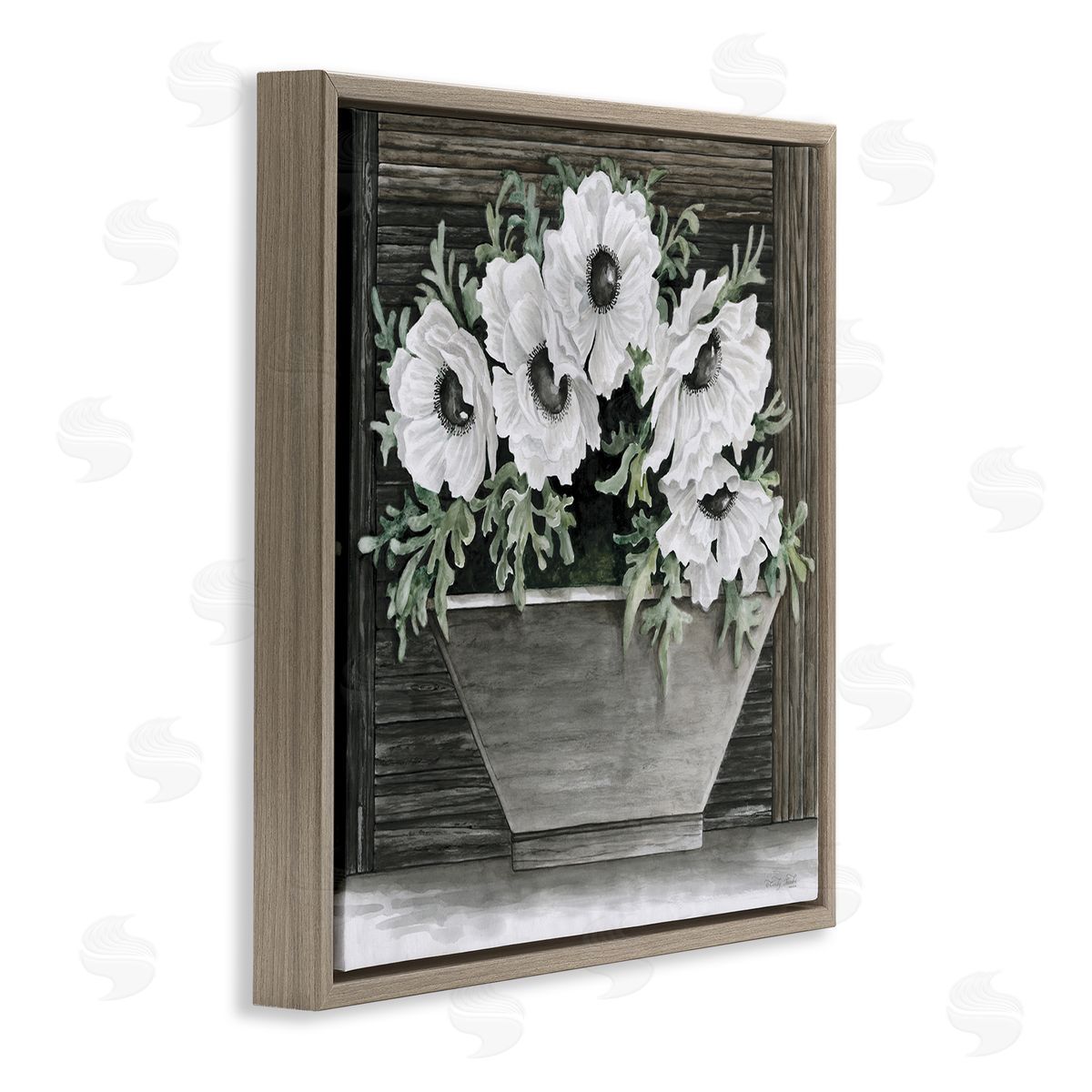 Cindy Jacobs Rustic White Anemone Flower Blossoms Overhanging Planter  Brown Floating Frame Canvas Wall Art Print