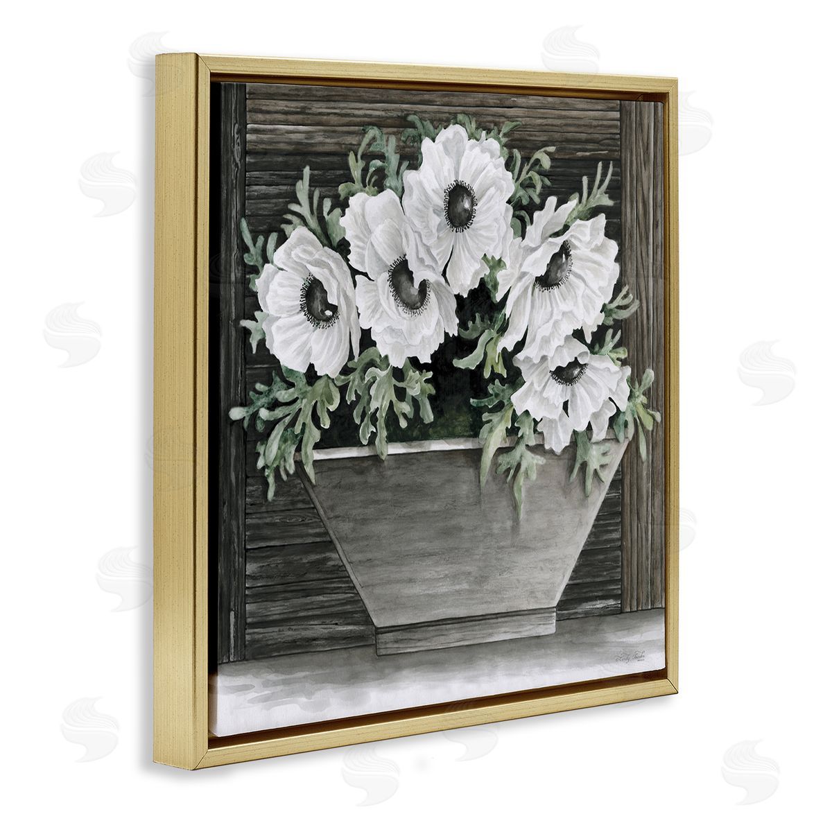 Cindy Jacobs Rustic White Anemone Flower Blossoms Overhanging Planter  Gold Floating Frame Canvas Wall Art Print