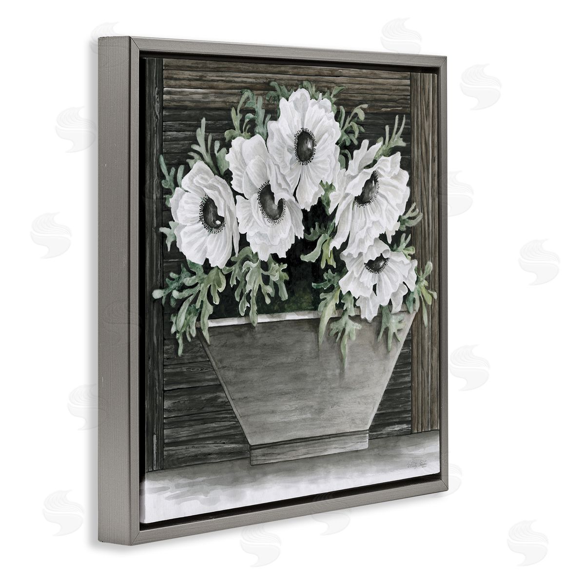 Cindy Jacobs Rustic White Anemone Flower Blossoms Overhanging Planter  Gray Floating Frame Canvas Wall Art Print