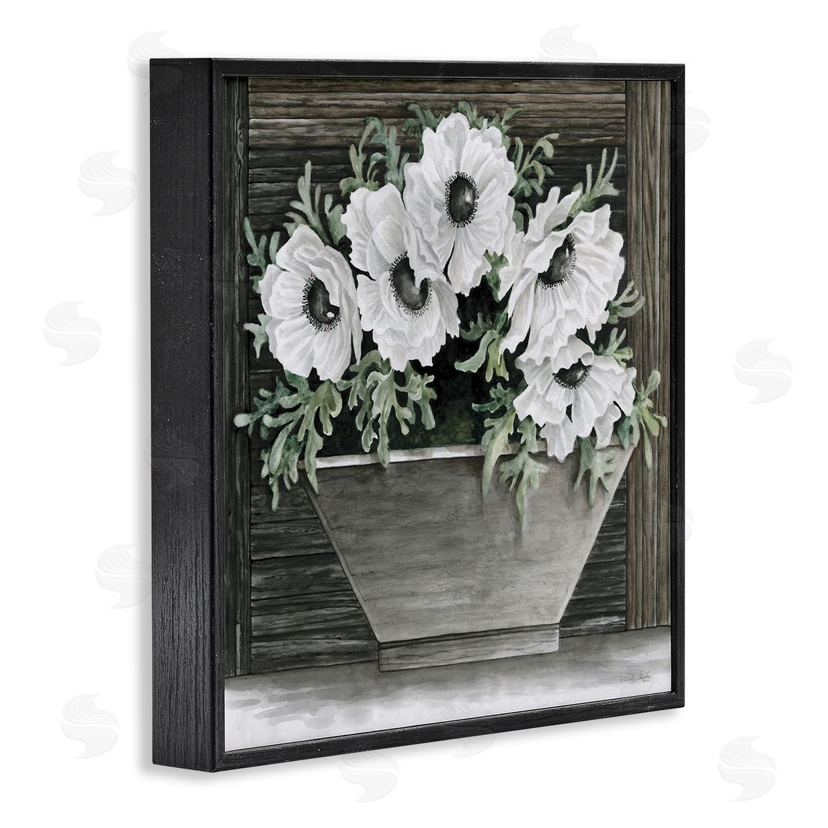 Cindy Jacobs Rustic White Anemone Flower Blossoms Overhanging Planter  Black Framed Glicee Wall Art Print