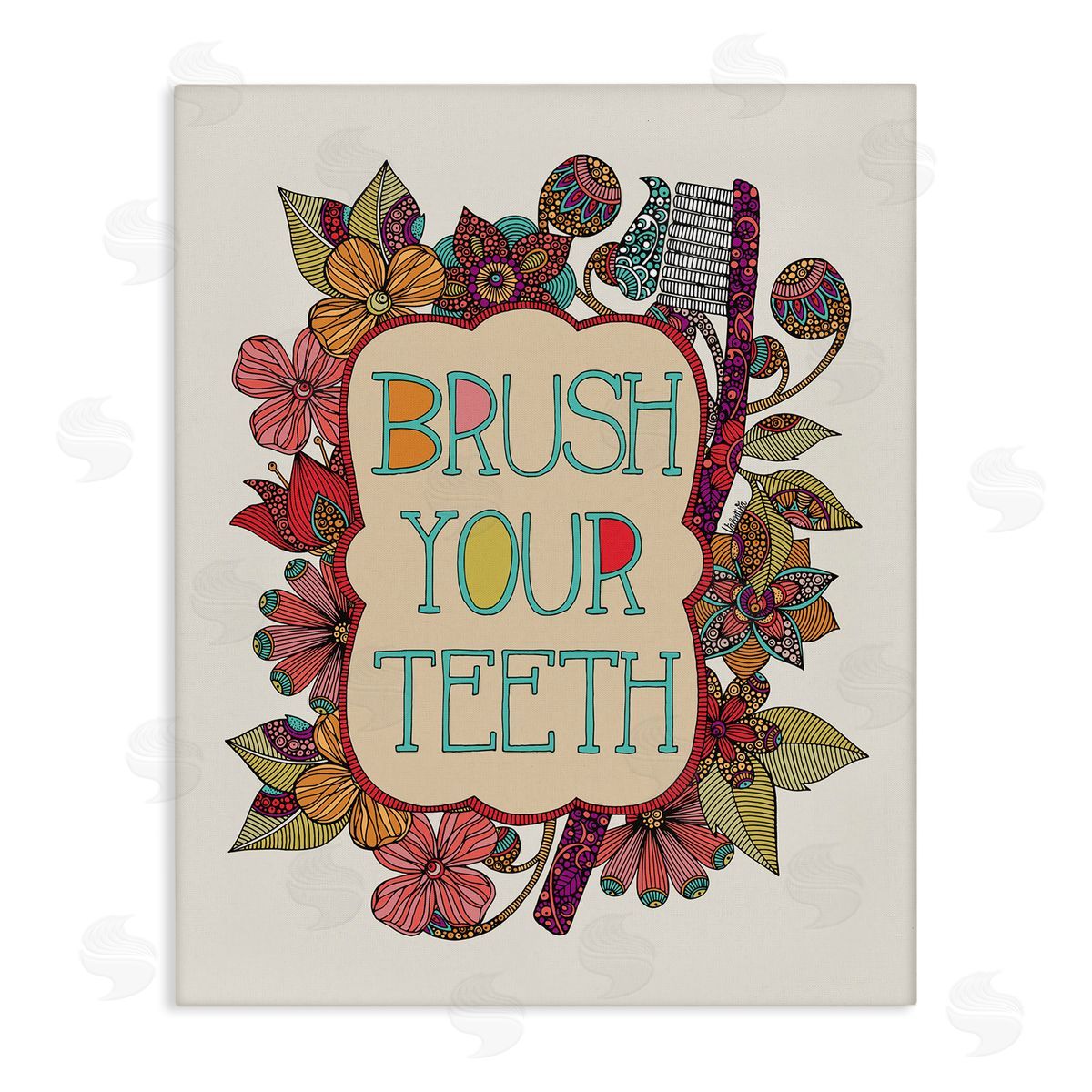 Valentina Harper Intricate Floral Shapes Brush Your Teeth Toothbrush  Stretched Canvas Wall Art Print