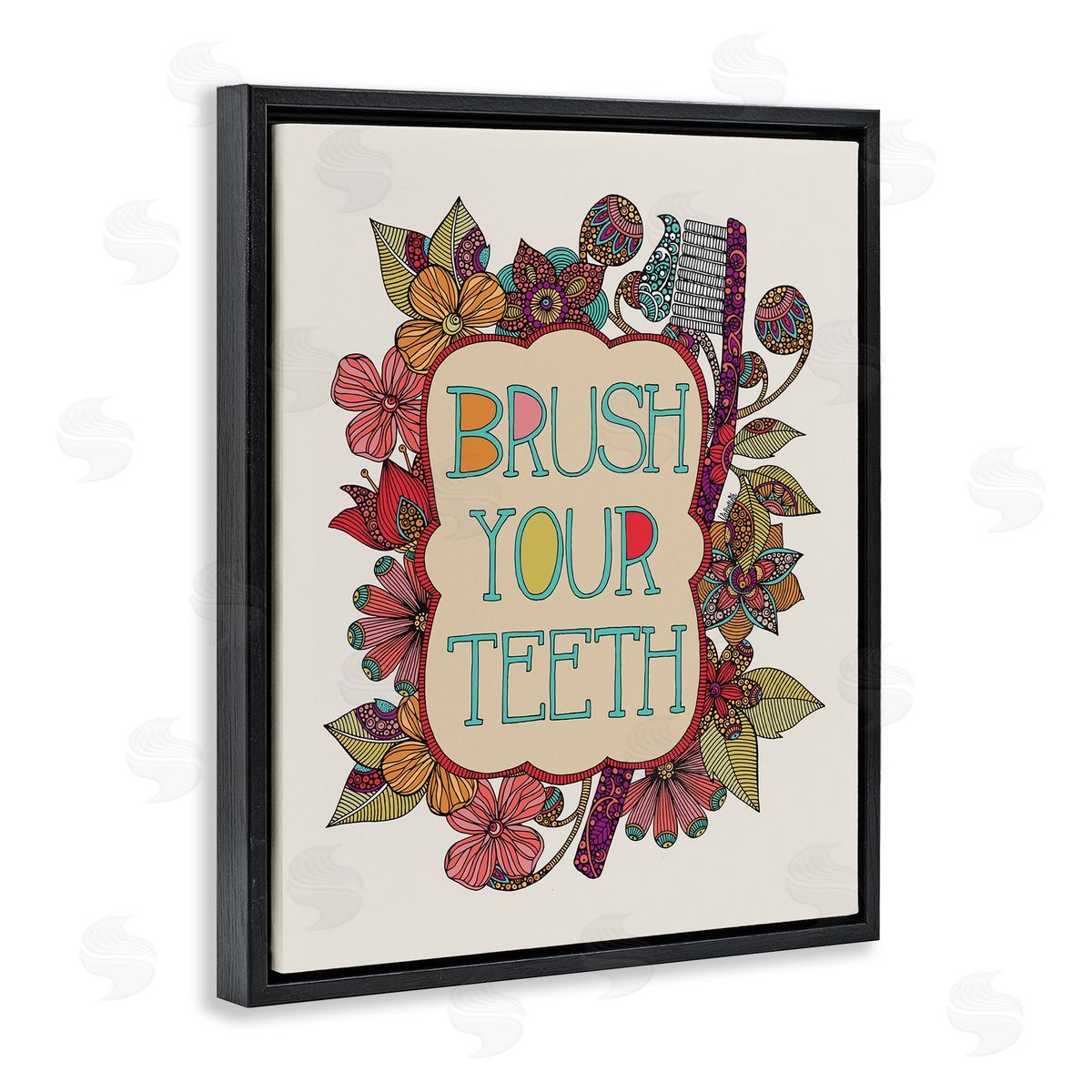 Valentina Harper Intricate Floral Shapes Brush Your Teeth Toothbrush  Black Floating Frame Canvas Wall Art Print