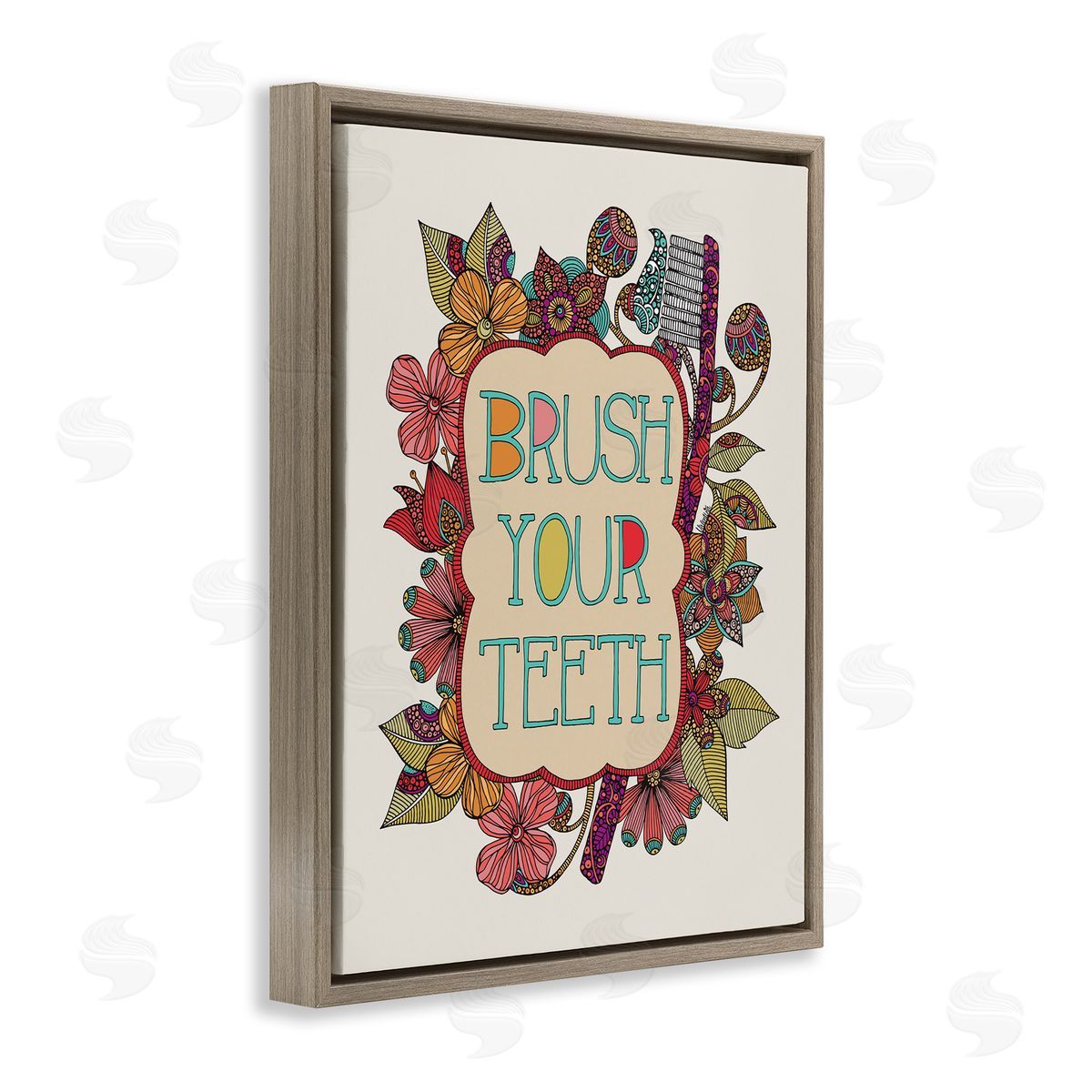 Valentina Harper Intricate Floral Shapes Brush Your Teeth Toothbrush  Brown Floating Frame Canvas Wall Art Print