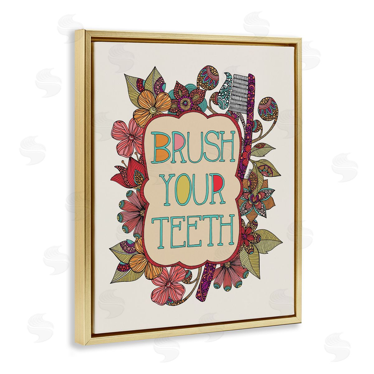 Valentina Harper Intricate Floral Shapes Brush Your Teeth Toothbrush  Gold Floating Frame Canvas Wall Art Print