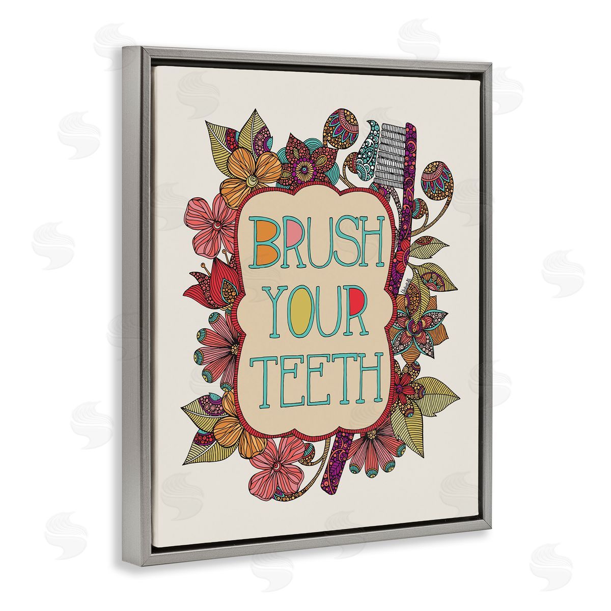Valentina Harper Intricate Floral Shapes Brush Your Teeth Toothbrush  Gray Floating Frame Canvas Wall Art Print