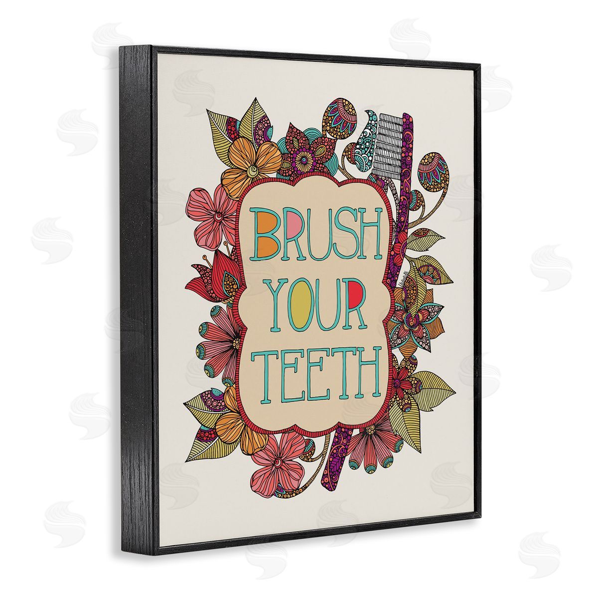 Valentina Harper Intricate Floral Shapes Brush Your Teeth Toothbrush  Black Framed Giclee Wall Art Print