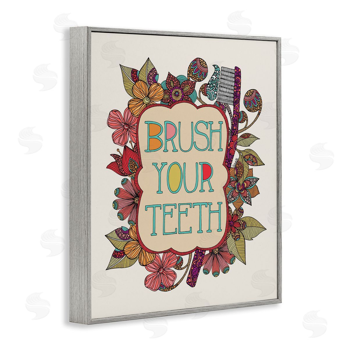 Valentina Harper Intricate Floral Shapes Brush Your Teeth Toothbrush  Gray Framed Giclee Wall Art Print