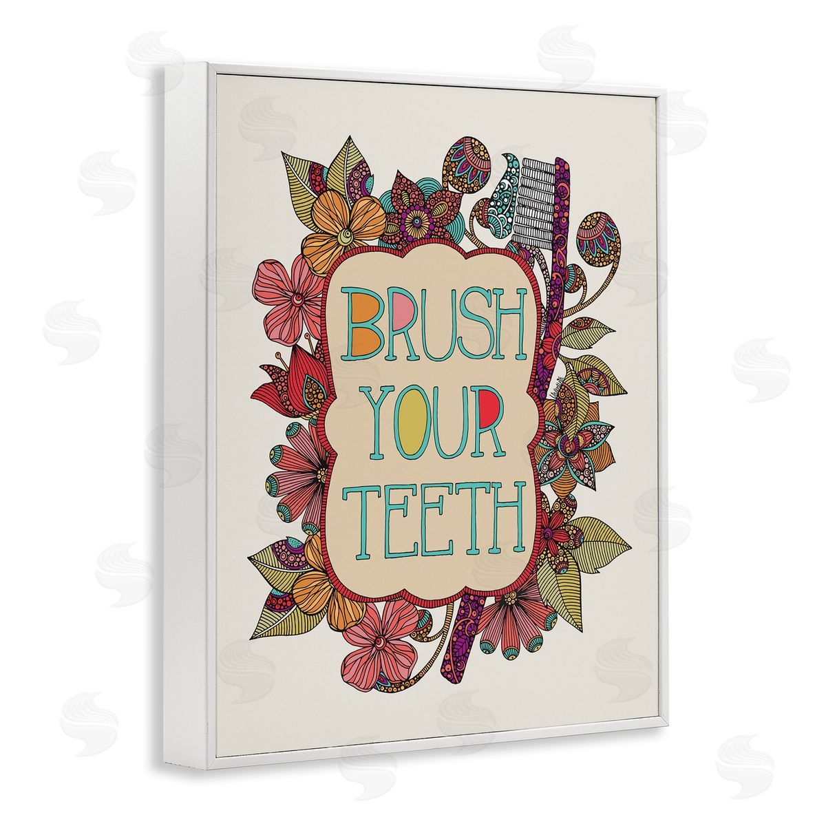 Valentina Harper Intricate Floral Shapes Brush Your Teeth Toothbrush  White Framed Giclee Wall Art Print