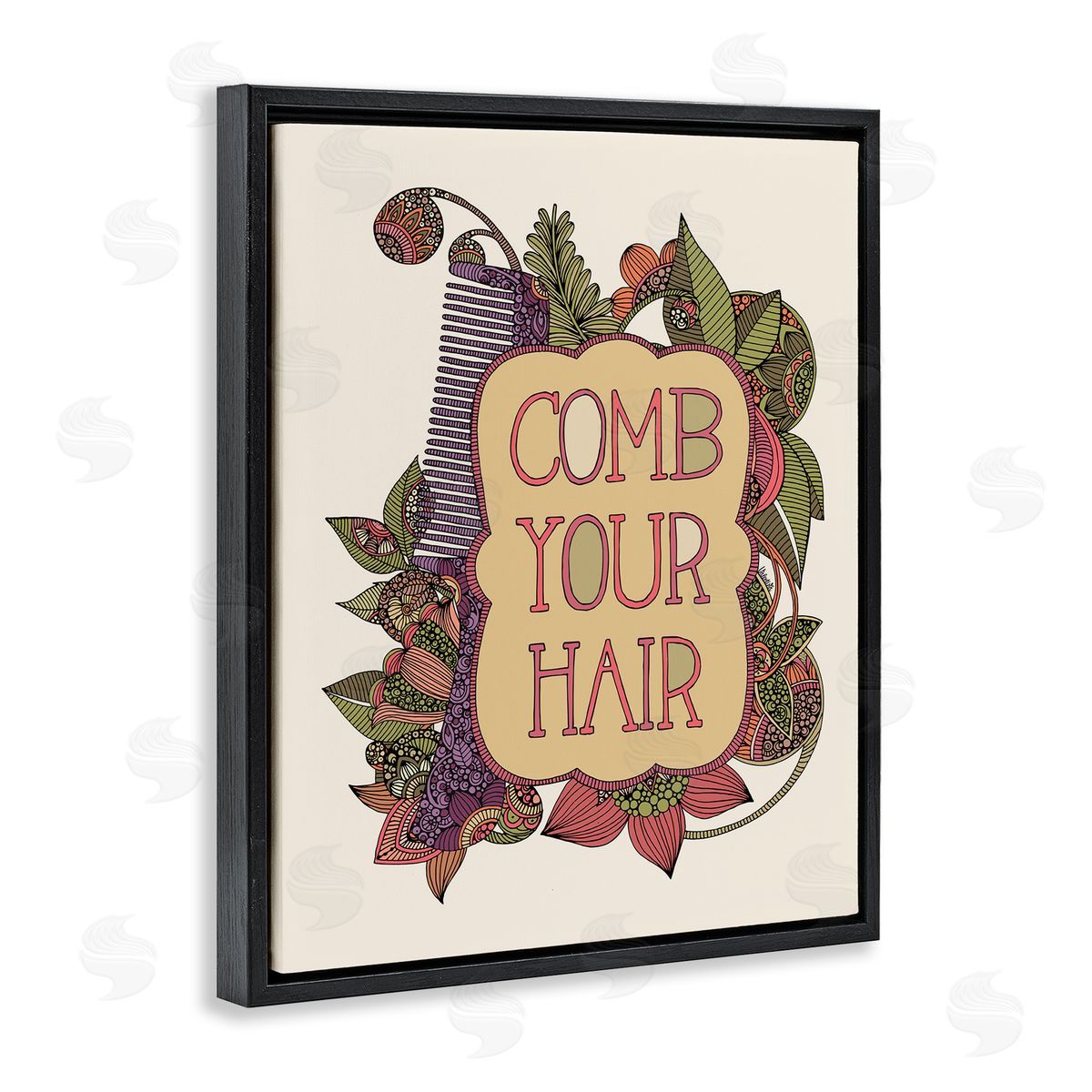 Valentina Harper Comb Your Hair Detailed Botanical Fractal Shapes Black Floating Frame Canvas Wall Art Print