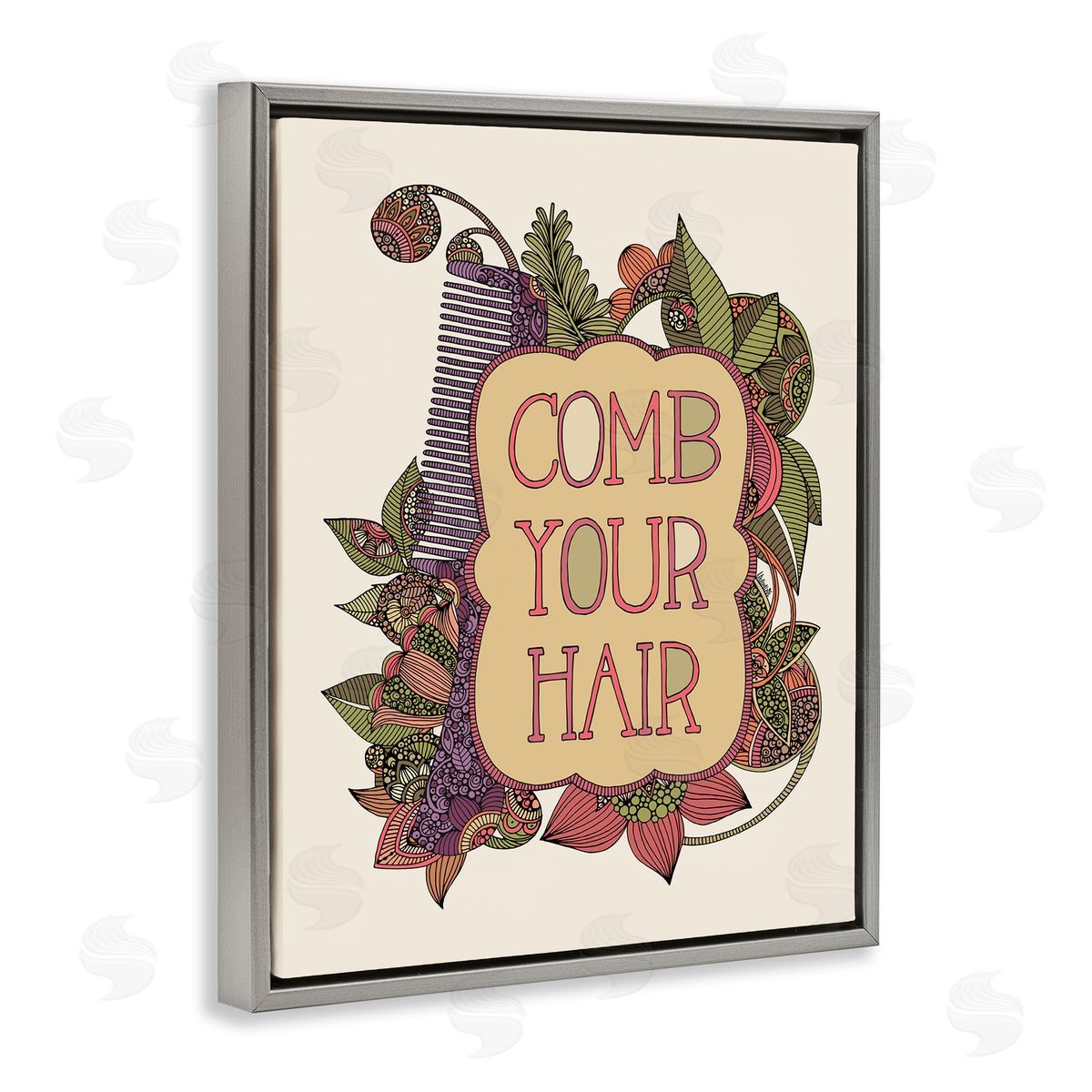 Valentina Harper Comb Your Hair Detailed Botanical Fractal Shapes Gray Floating Frame Canvas Wall Art Print