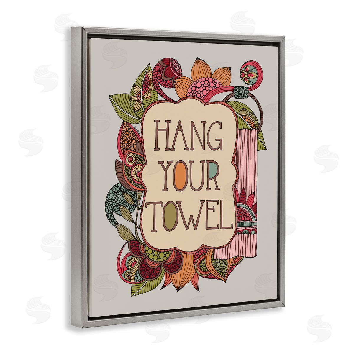 Valentina Harper Hang Your Towel Intricate Floral Mandala Shapes Gray Floating Frame Canvas Wall Art Print