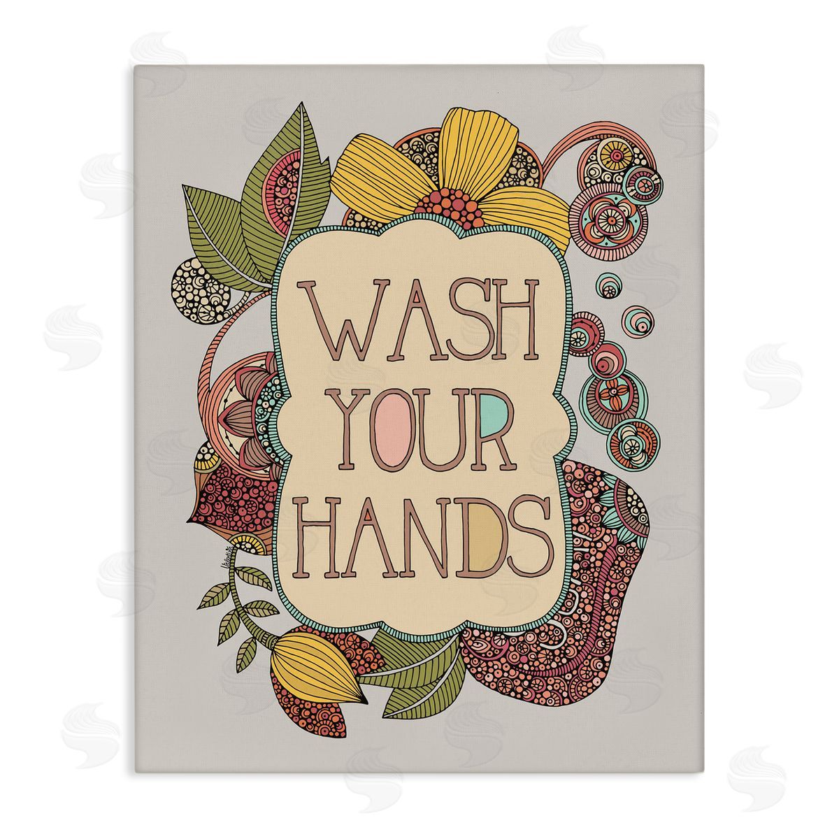 Valentina Harper Wash Your Hands Bathroom Sign Intricate Floral Details Stretched Canvas Wall Art Print
