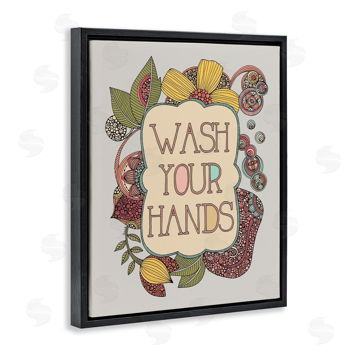 Valentina Harper Wash Your Hands Bathroom Sign Intricate Floral Details Black Floating Frame Canvas Wall Art Print