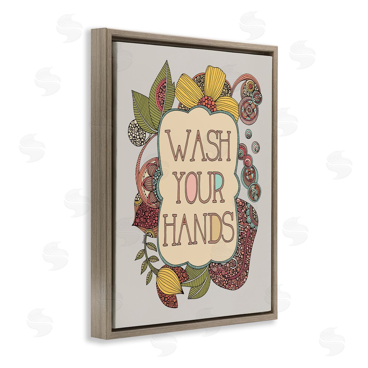 Valentina Harper Wash Your Hands Bathroom Sign Intricate Floral Details Brown Floating Frame Canvas Wall Art Print