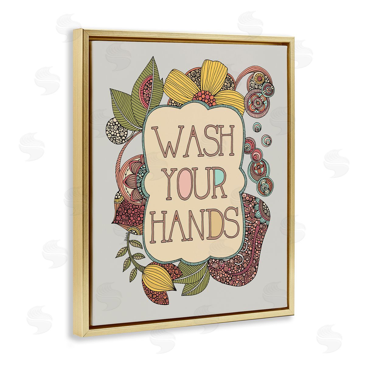 Valentina Harper Wash Your Hands Bathroom Sign Intricate Floral Details Gold Floating Frame Canvas Wall Art Print