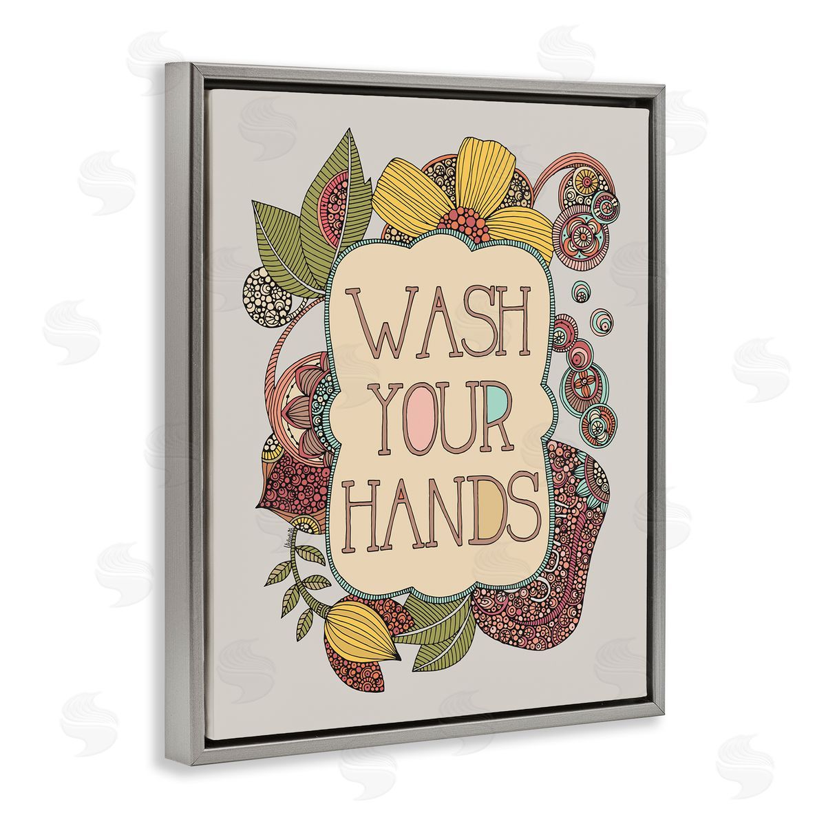 Valentina Harper Wash Your Hands Bathroom Sign Intricate Floral Details Gray Floating Frame Canvas Wall Art Print