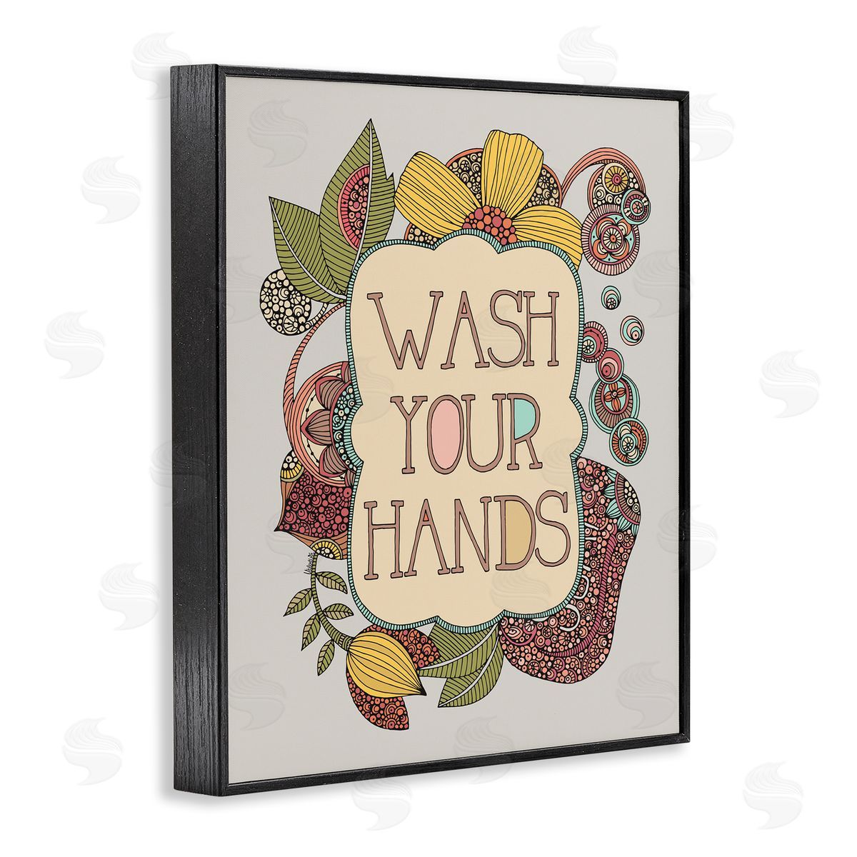 Valentina Harper Wash Your Hands Bathroom Sign Intricate Floral Details Black Framed Giclee Wall Art Print