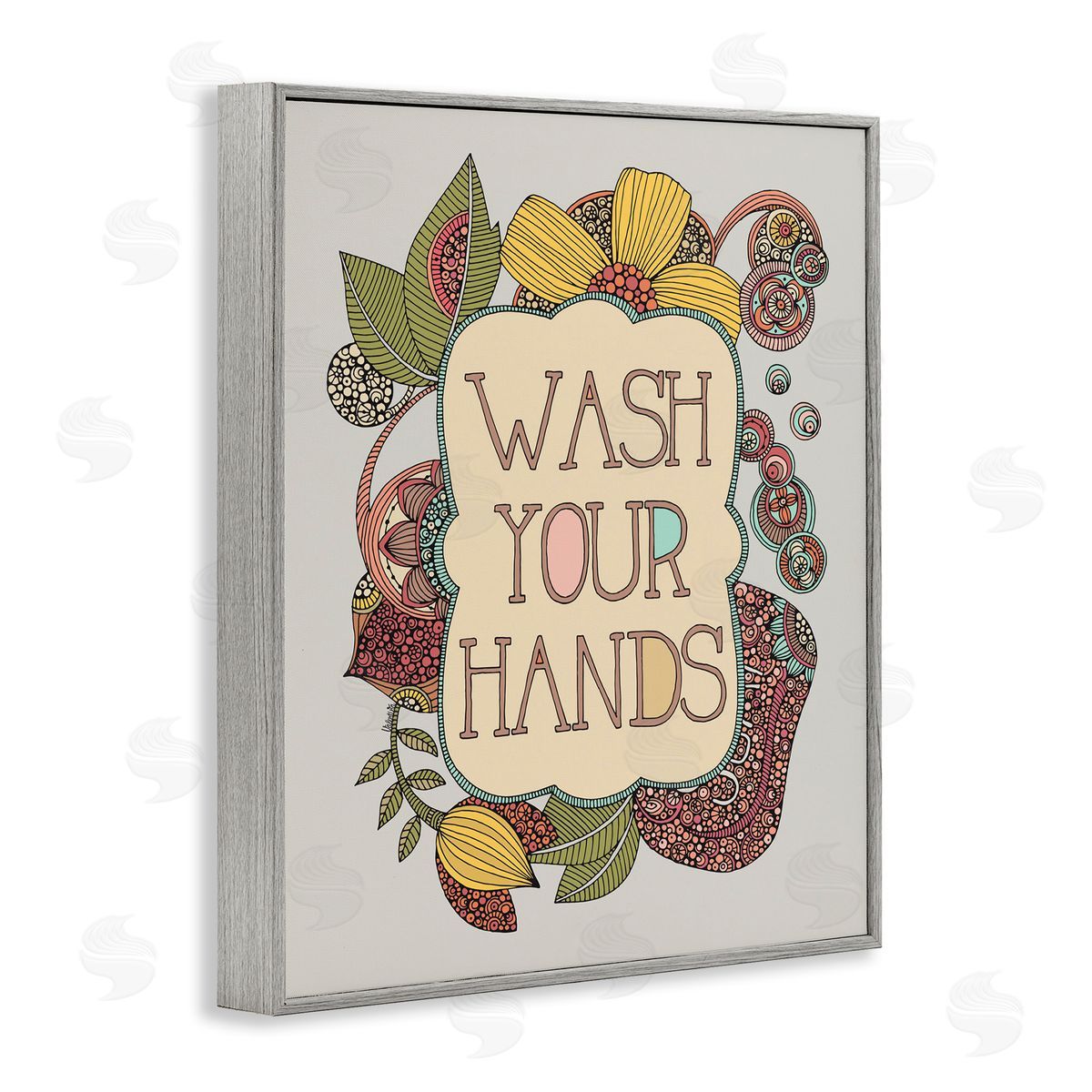 Valentina Harper Wash Your Hands Bathroom Sign Intricate Floral Details Gray Framed Giclee Wall Art Print