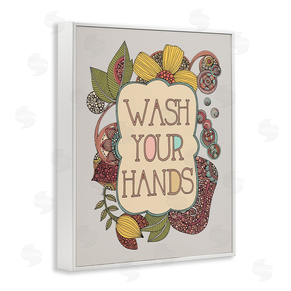 Valentina Harper Wash Your Hands Bathroom Sign Intricate Floral Details White Framed Giclee Wall Art Print