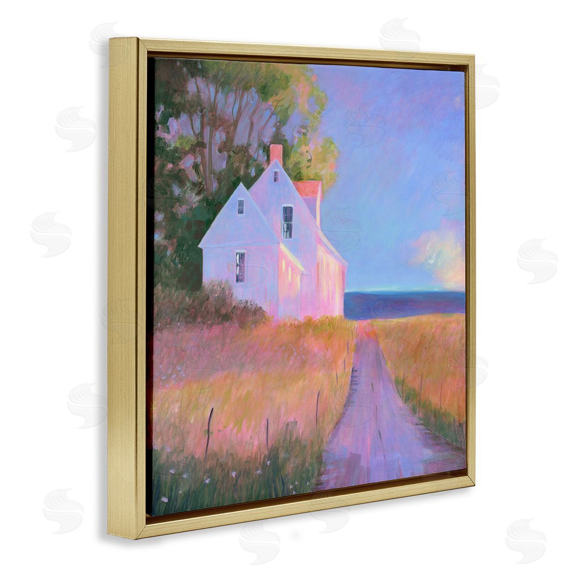 Sweetwater Warm Sunlit Rural Seaside Cottage Path Painting Gold Floating Frame Canvas Wall Art Print