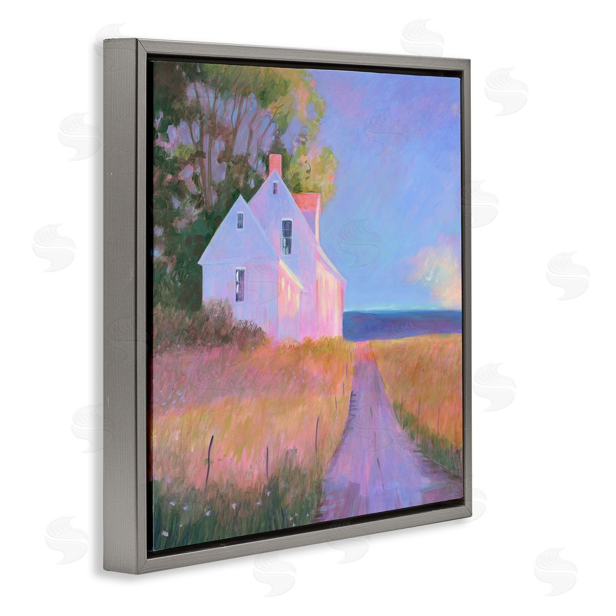 Sweetwater Warm Sunlit Rural Seaside Cottage Path Painting Gray Floating Frame Canvas Wall Art Print